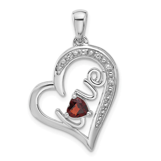 Sterling Silver Rhodium-plated Garnet and White Topaz LOVE Heart Pendant
