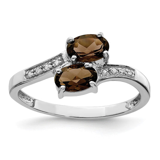 Sterling Silver Rhodium 2 Oval Smoky Quartz & Diamond Ring