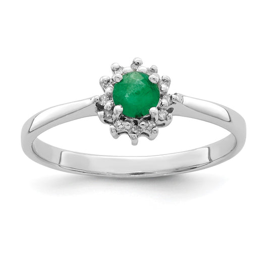 Sterling Silver Rhodium-plated Round Emerald & Diamond Ring