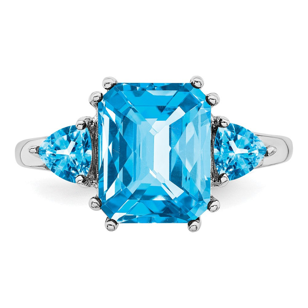 Sterling Silver Rhodium Octagonal Checker-Cut Blue Topaz Ring