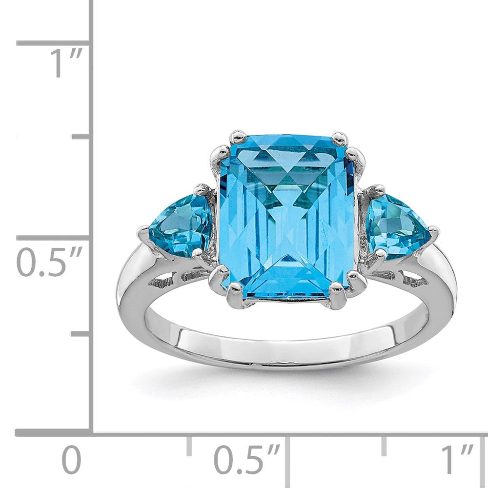 Sterling Silver Rhodium Octagonal Checker-Cut Blue Topaz Ring