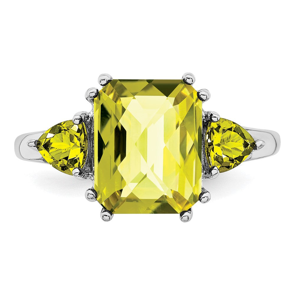 Sterling Silver Rhodium Octagonal Checker-Cut Lemon Quartz Ring