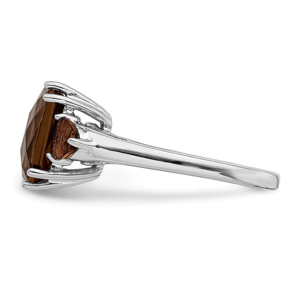 Sterling Silver Rhodium Octagonal Checker-Cut Smoky Quartz Ring