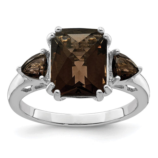 Sterling Silver Rhodium Octagonal Checker-Cut Smoky Quartz Ring