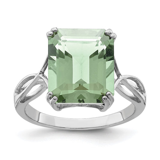 Sterling Silver Rhodium Octagonal Green Quartz Ring