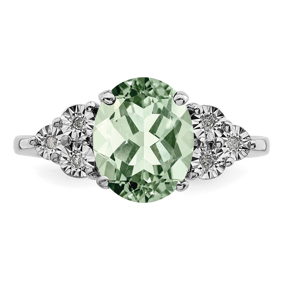 Sterling Silver Rhodium Diam. & Oval Green Quartz Ring