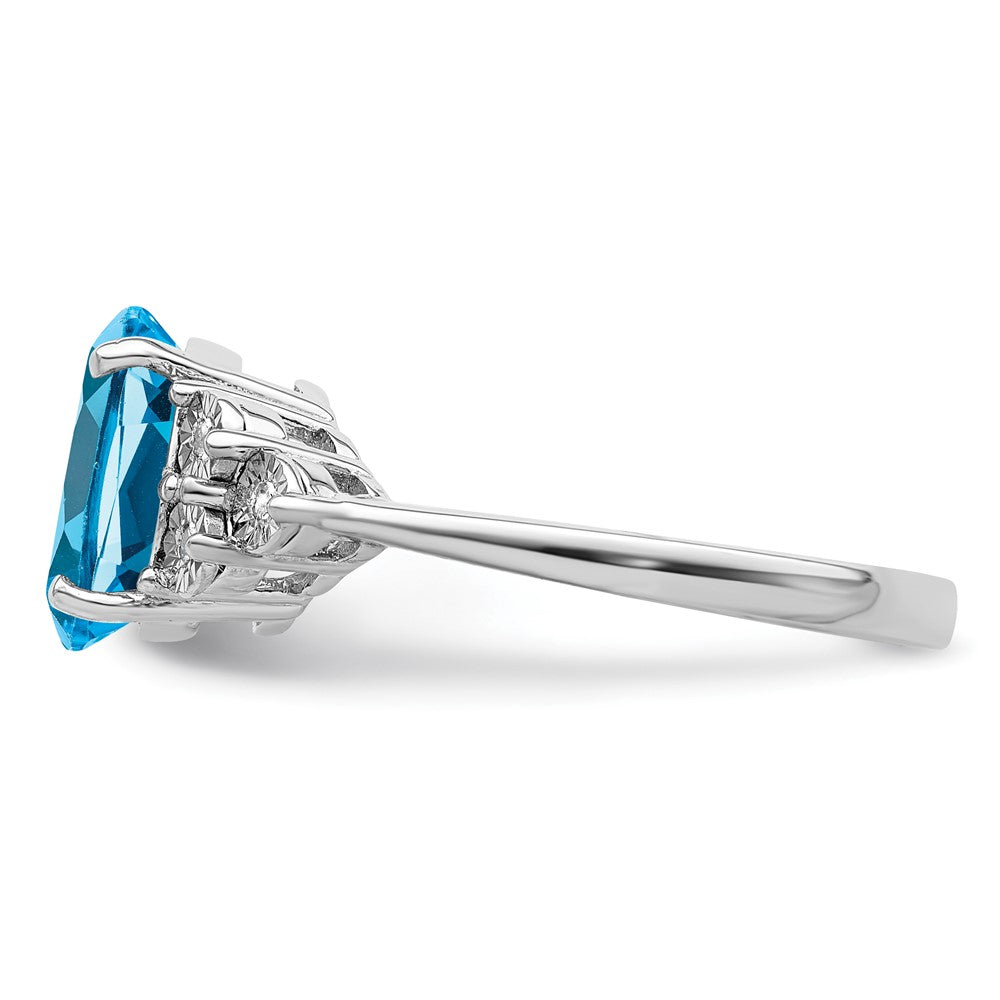 Sterling Silver Rhodium Diam. & Oval Blue Topaz Ring