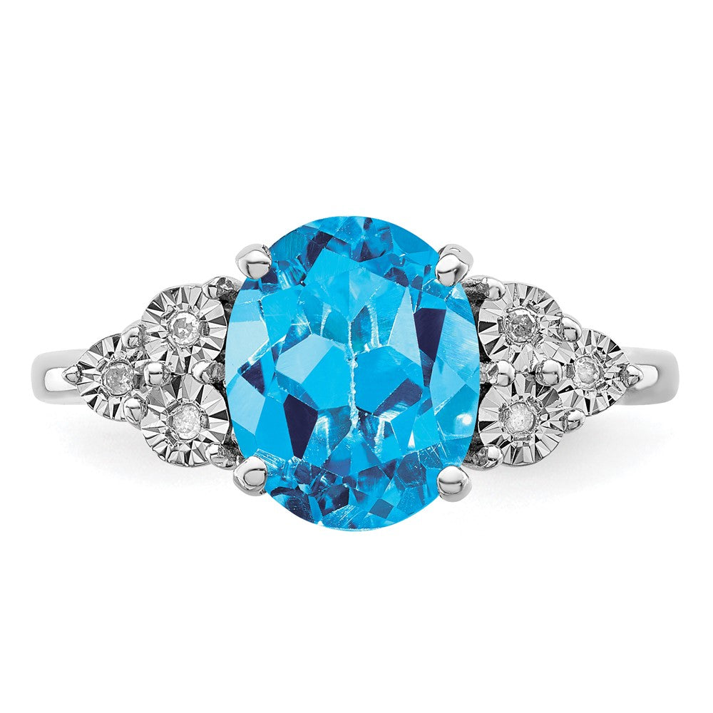 Sterling Silver Rhodium Diam. & Oval Blue Topaz Ring