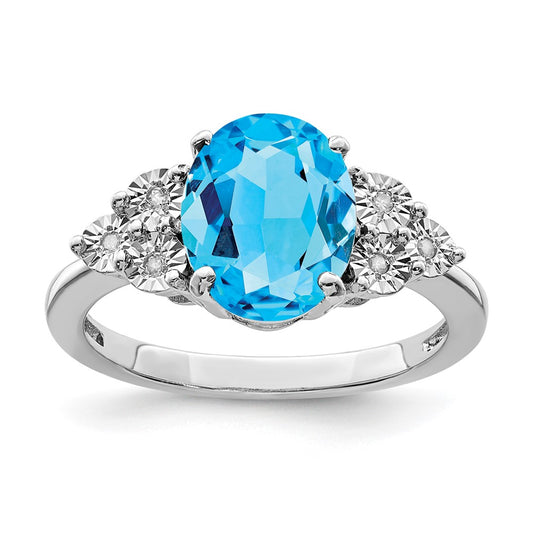 Sterling Silver Rhodium Diam. & Oval Blue Topaz Ring