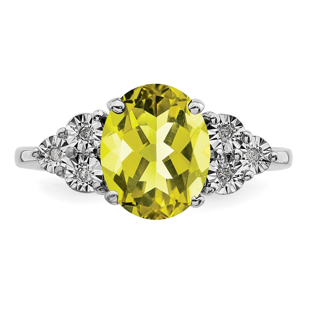 Sterling Silver Rhodium Diam. & Oval Lemon Quartz Ring
