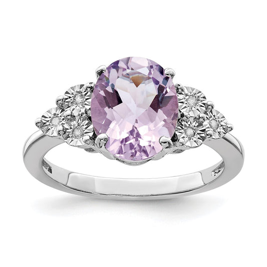 Sterling Silver Rhodium Diam. & Pink Quartz Ring
