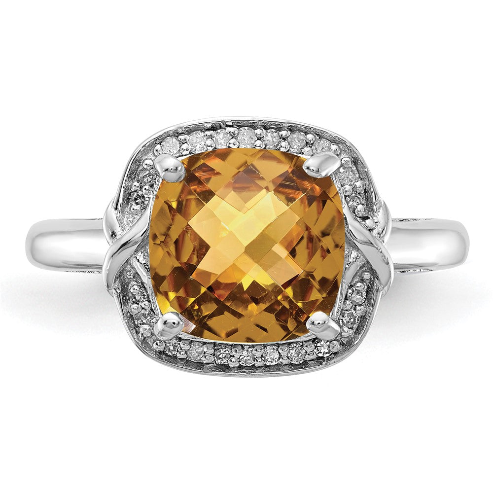 Sterling Silver Rhodium Diam. & Checker-Cut Whiskey Quartz Ring