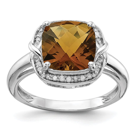 Sterling Silver Rhodium Diam. & Checker-Cut Whiskey Quartz Ring