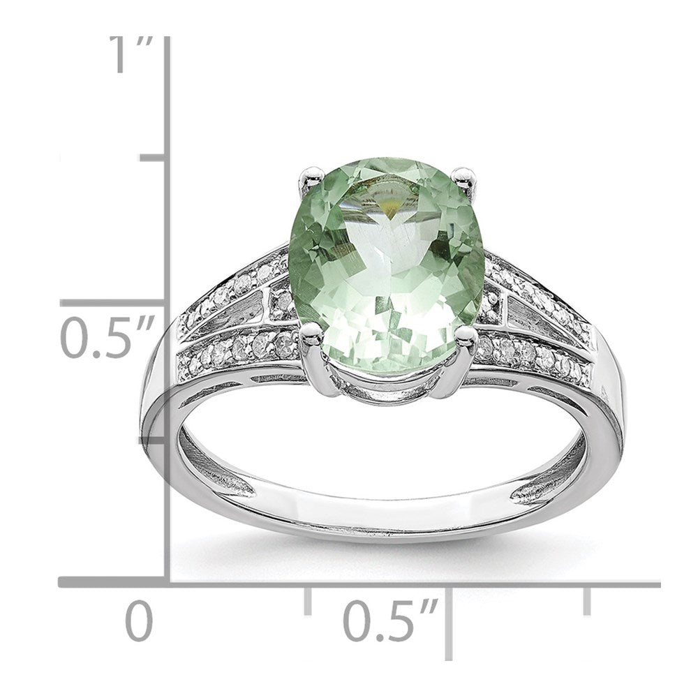 Sterling Silver Rhodium Diam. & Oval Green Quartz Ring