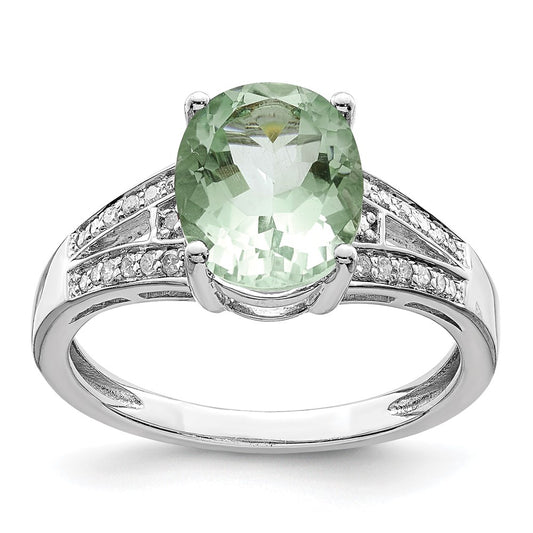 Sterling Silver Rhodium Diam. & Oval Green Quartz Ring