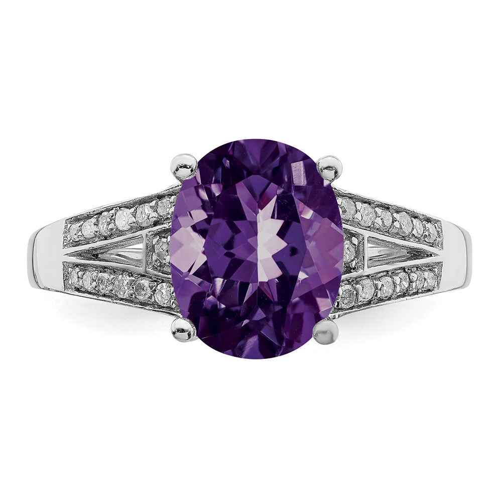 Sterling Silver Rhodium-plated Diamond & Oval Amethyst Ring