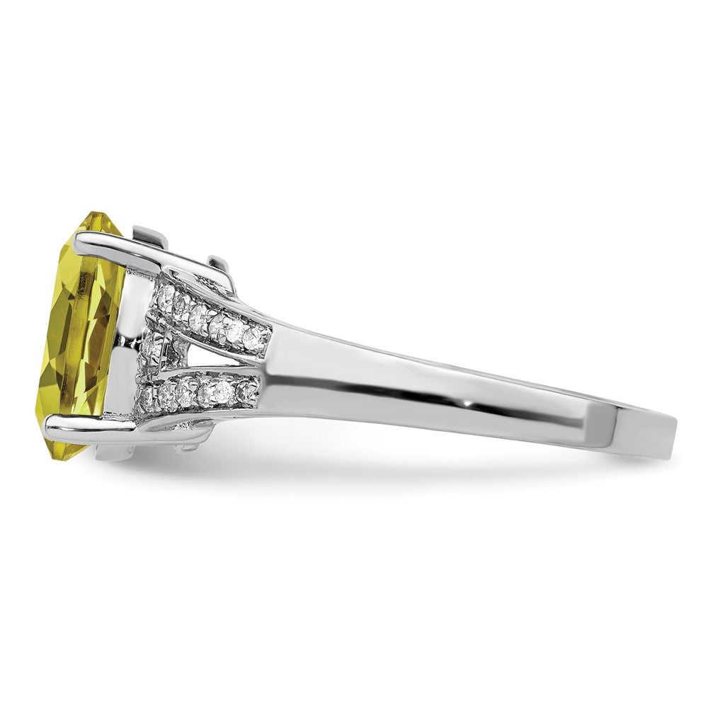 Sterling Silver Rhodium Diam. & Oval Lemon Quartz Ring