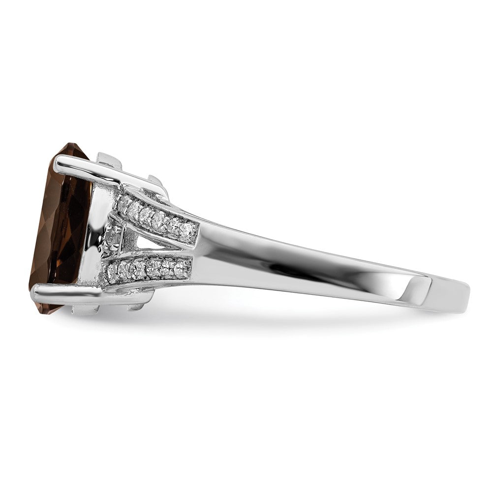 Sterling Silver Rhodium Diam. & Oval Smoky Quartz Ring
