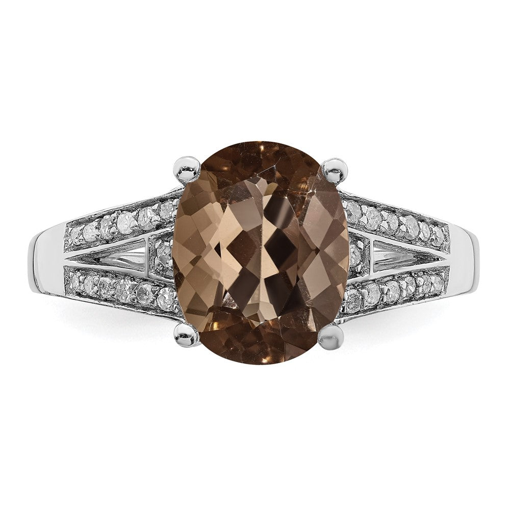 Sterling Silver Rhodium Diam. & Oval Smoky Quartz Ring