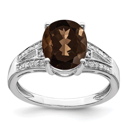 Sterling Silver Rhodium Diam. & Oval Smoky Quartz Ring