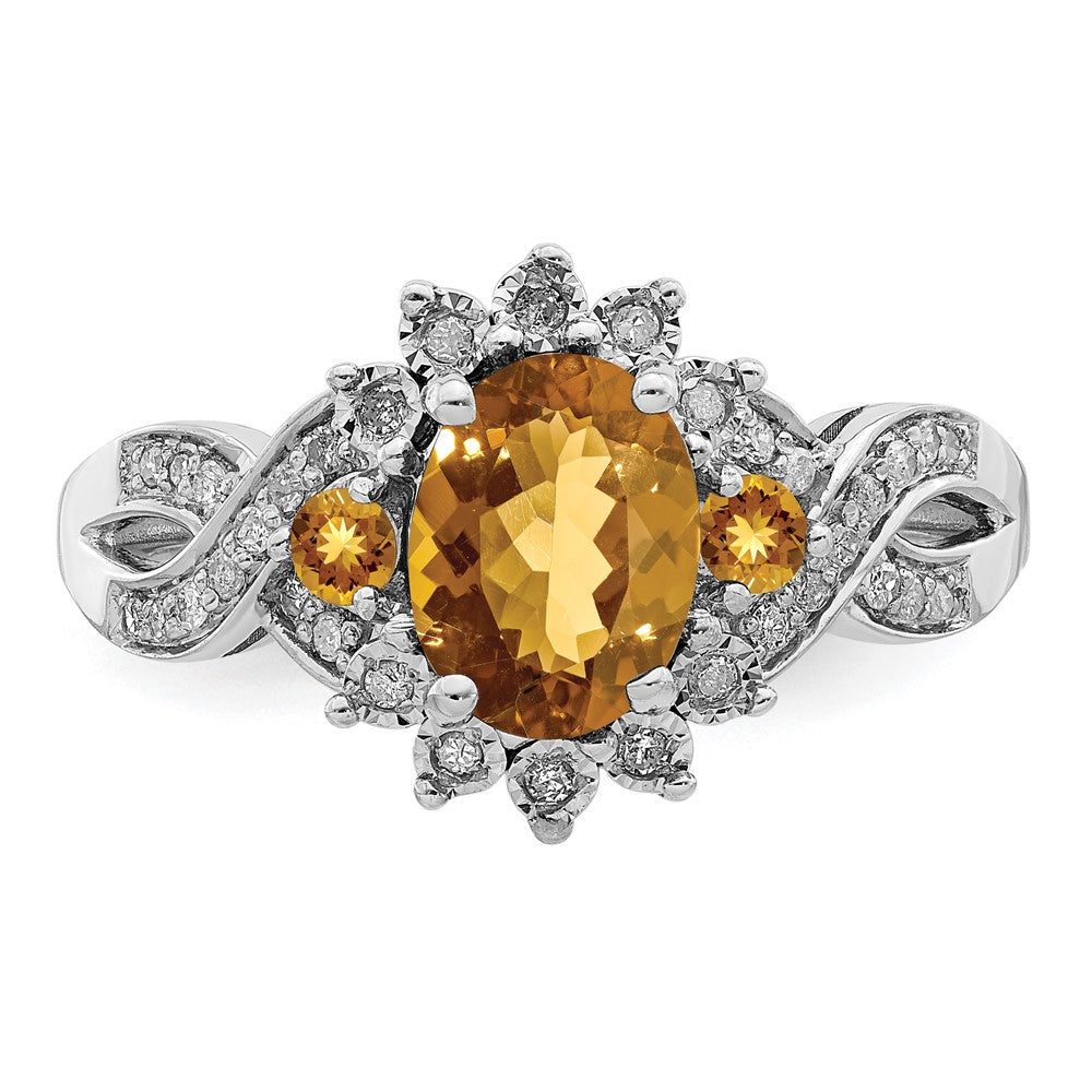 Sterling Silver Rhodium Diam. & Oval Whiskey Quartz Ring