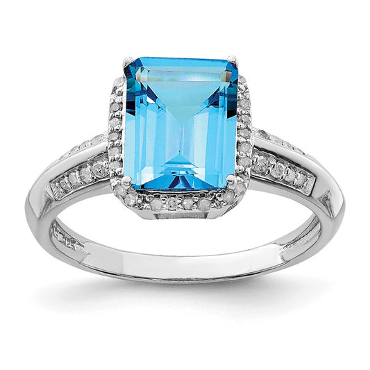 Sterling Silver Rhodium Octagonal Blue Topaz & Diam. Ring