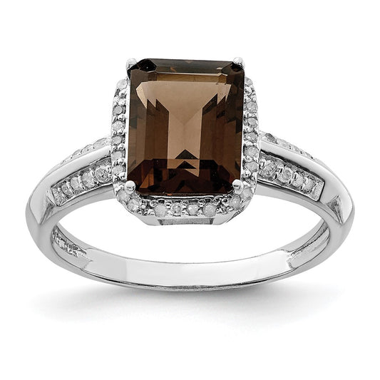Sterling Silver Rhodium Octagonal Diam. & Smoky Quartz Ring