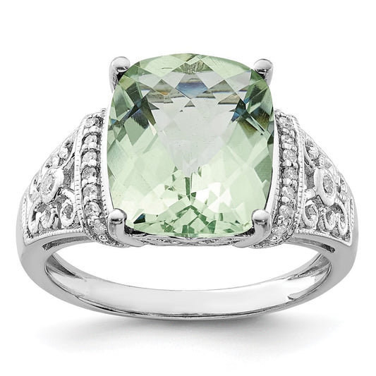 Sterling Silver Rhodium Diam. & Checker-Cut Green Quartz Ring