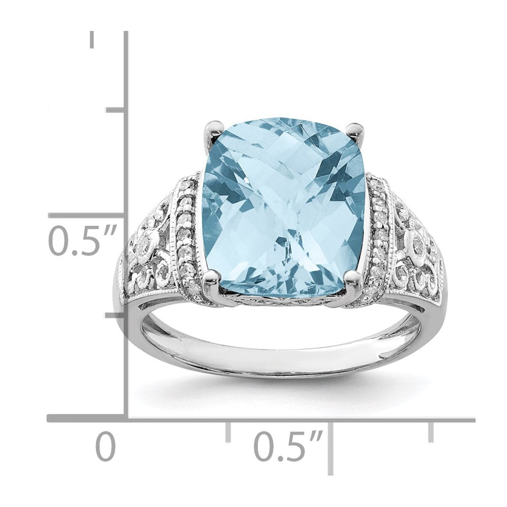 Sterling Silver Rhodium Diam. & Checker-Cut Sky Blue Topaz Ring