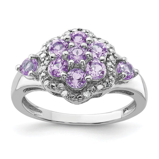Sterling Silver Rhodium Diam. & Pink Quartz Ring