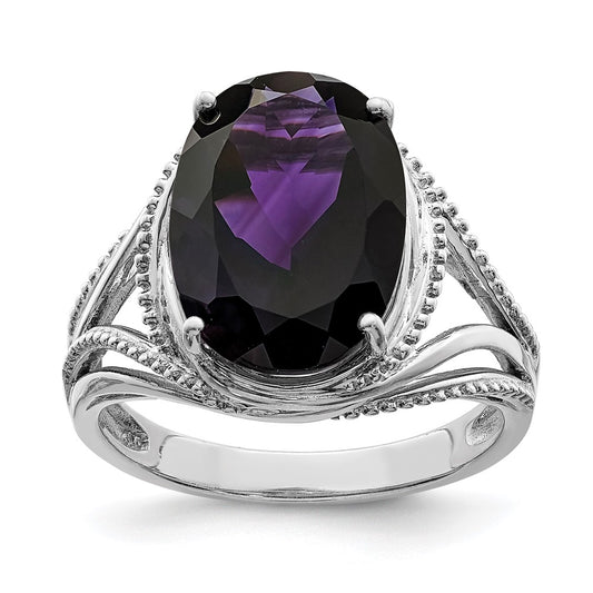Sterling Silver Rhodium-plated Oval Amethyst Ring