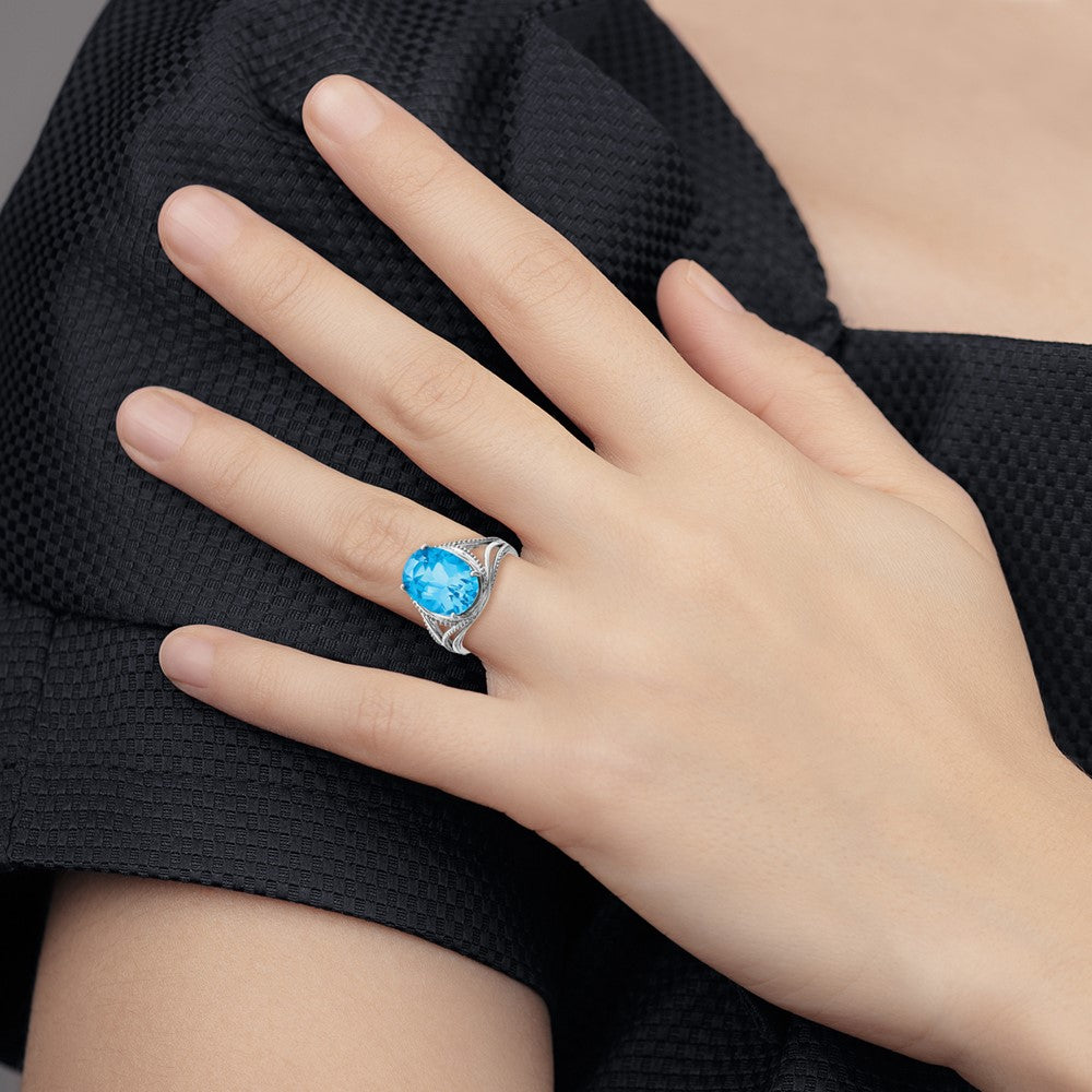 Sterling Silver Rhodium Oval Blue Topaz Ring