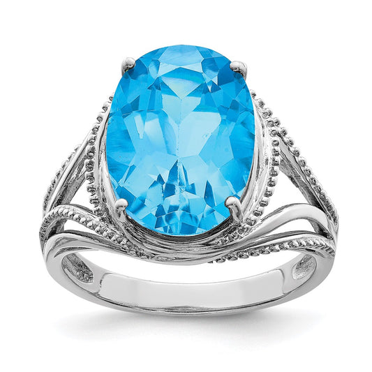 Sterling Silver Rhodium Oval Blue Topaz Ring