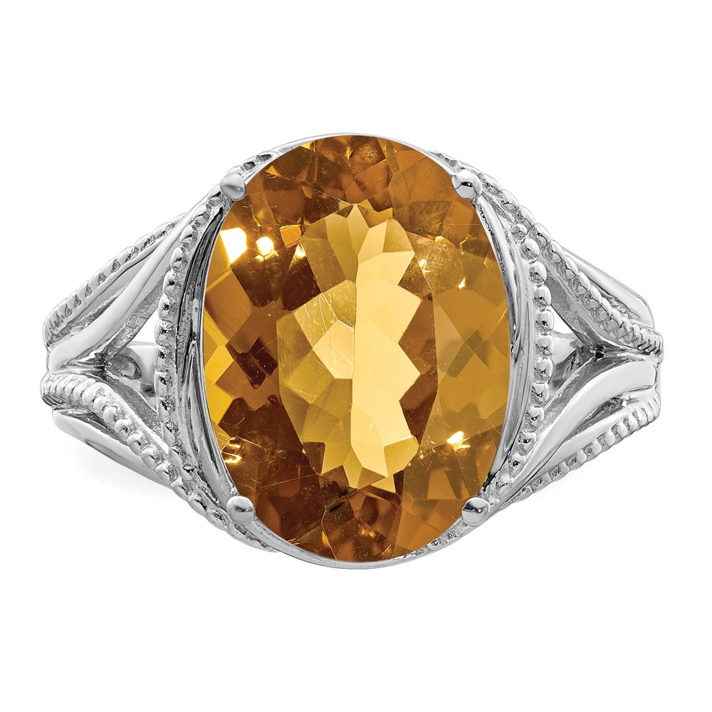 Sterling Silver Rhodium Oval Whiskey Quartz Ring