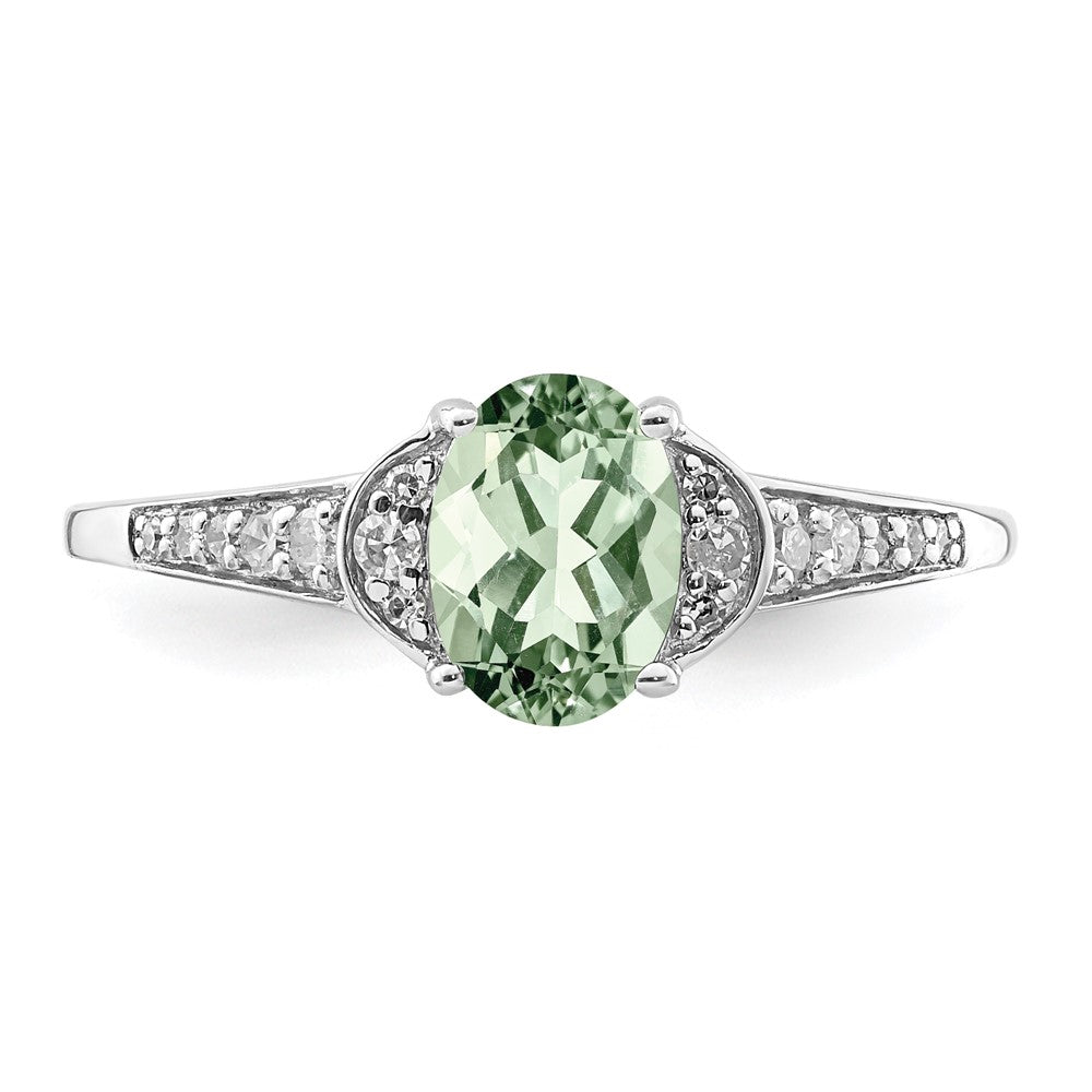 Sterling Silver Rhodium Oval Green Quartz & Diam. Ring