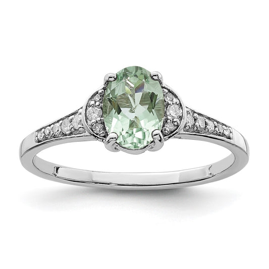 Sterling Silver Rhodium Oval Green Quartz & Diam. Ring