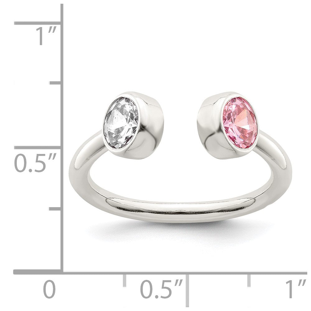 Sterling Silver Polished Pink and White CZ Adjustable Ring