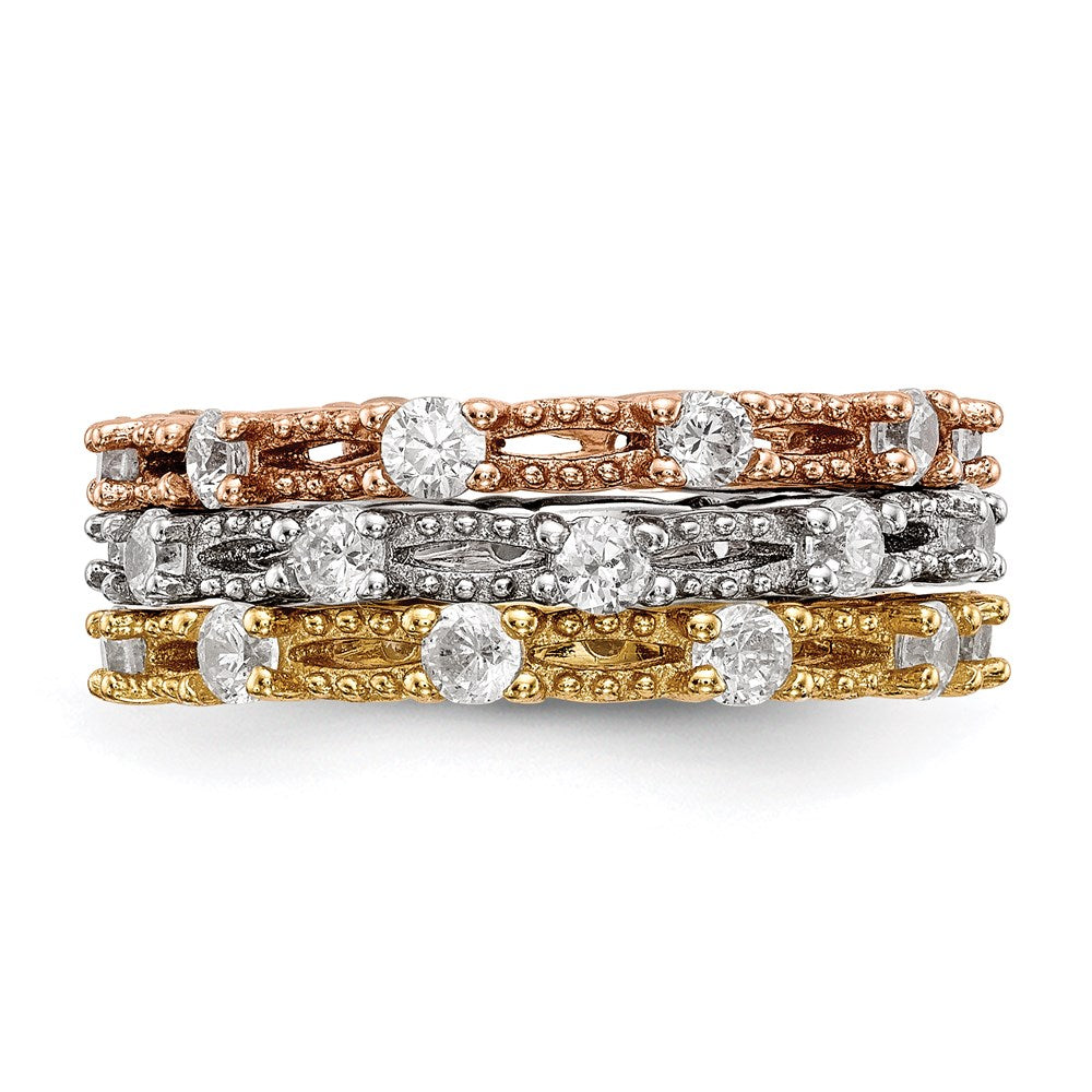 Sterling Silver White Yellow & Rose-tone Set of 3 CZ Eternity Rings