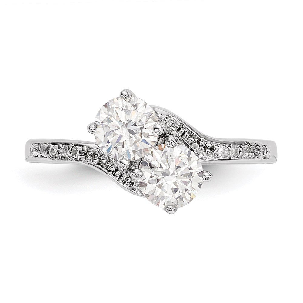Sterling Silver Rhodium-plated Two Stone CZ Bypass Ring