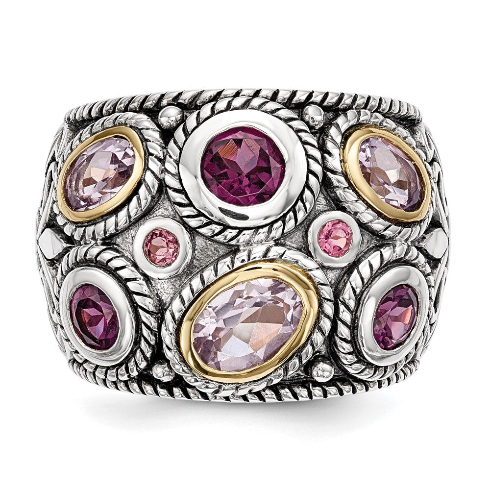 Sterling Silver Rhod. w/14k Pink Qrtz Rhodolite GA & Pink Tourmaline Ring
