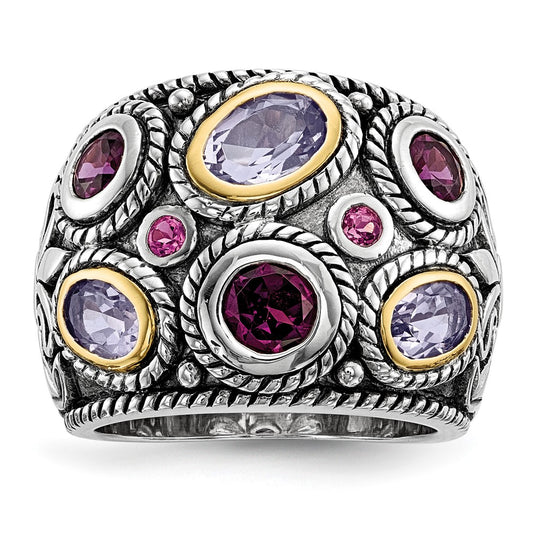Sterling Silver Rhod. w/14k Pink Qrtz Rhodolite GA & Pink Tourmaline Ring