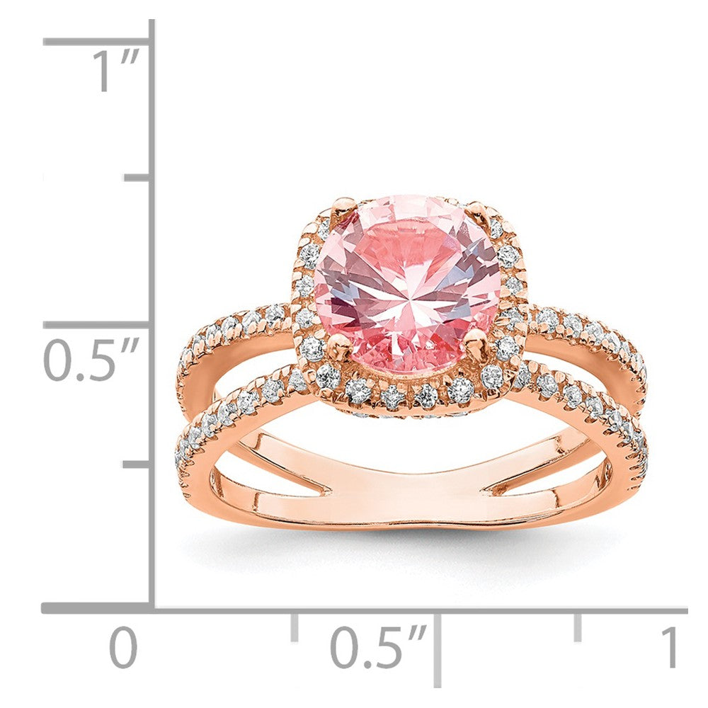 Sterling Silver Rose-tone Pink Center Nano Crystal & CZ Square Ring