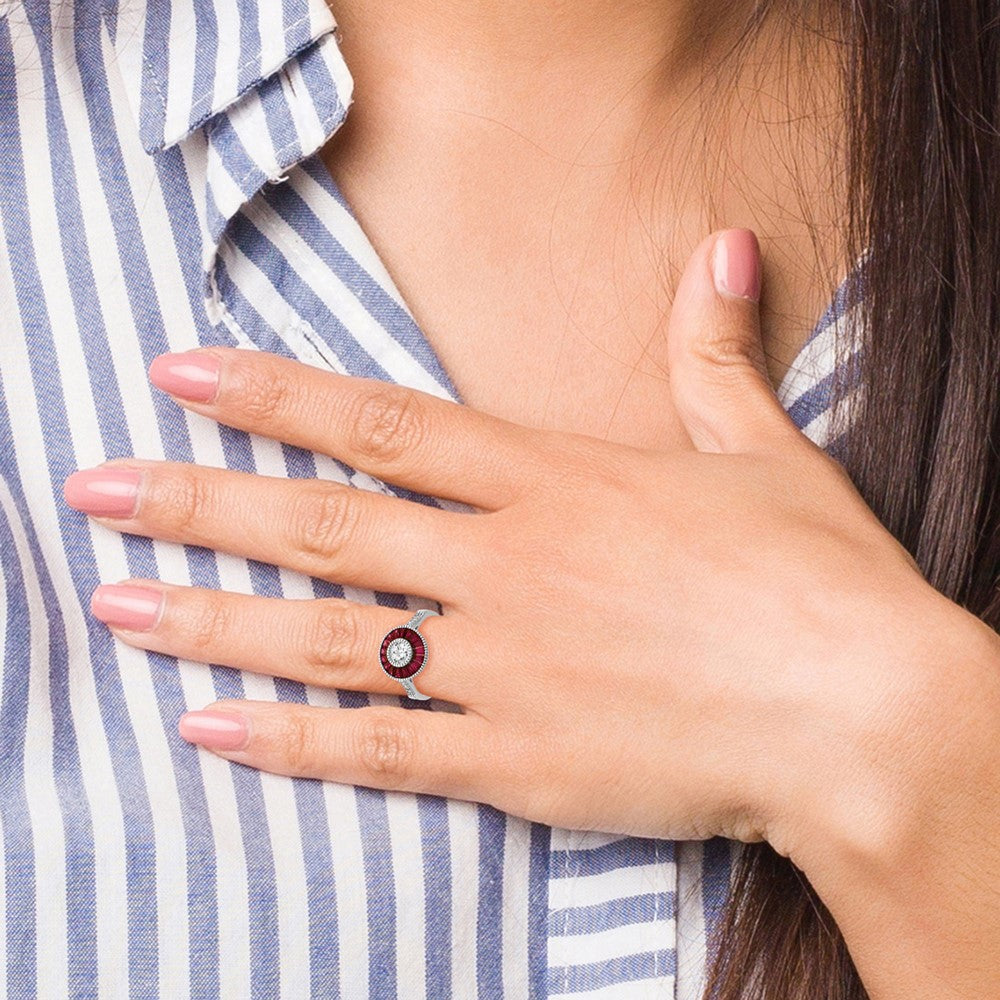 Sterling Silver Rhodium-plated Polished Created Ruby and CZ Ring