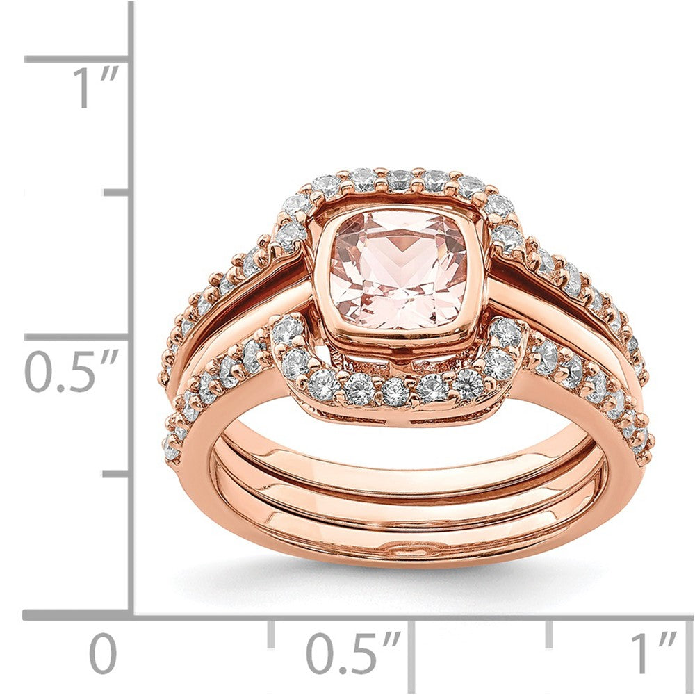 Sterling Silver 3 Piece Rose-tone Pink Crystal & CZ Ring Set