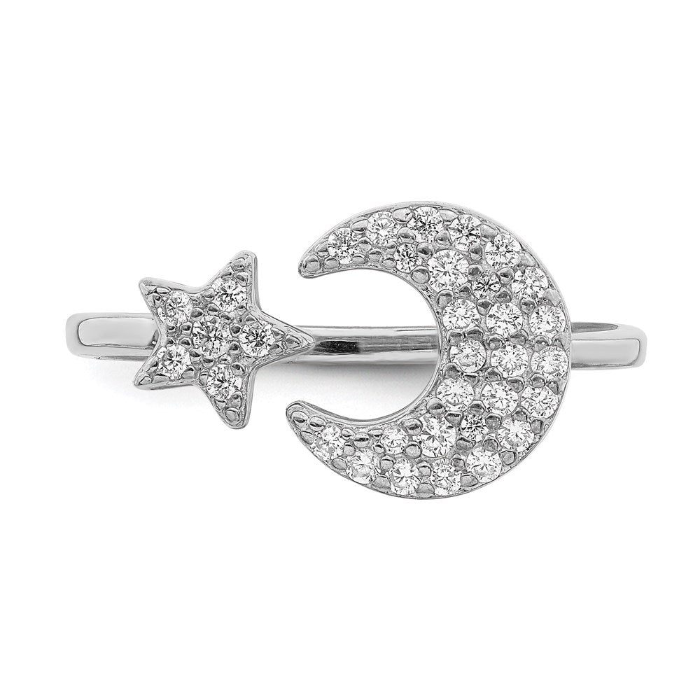 Sterling Silver Rhodium-plated CZ Star & Moon Ring