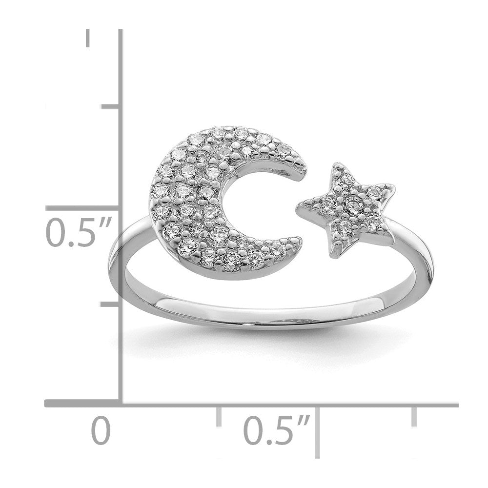 Sterling Silver Rhodium-plated CZ Star & Moon Ring