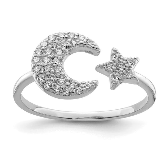 Sterling Silver Rhodium-plated CZ Star & Moon Ring
