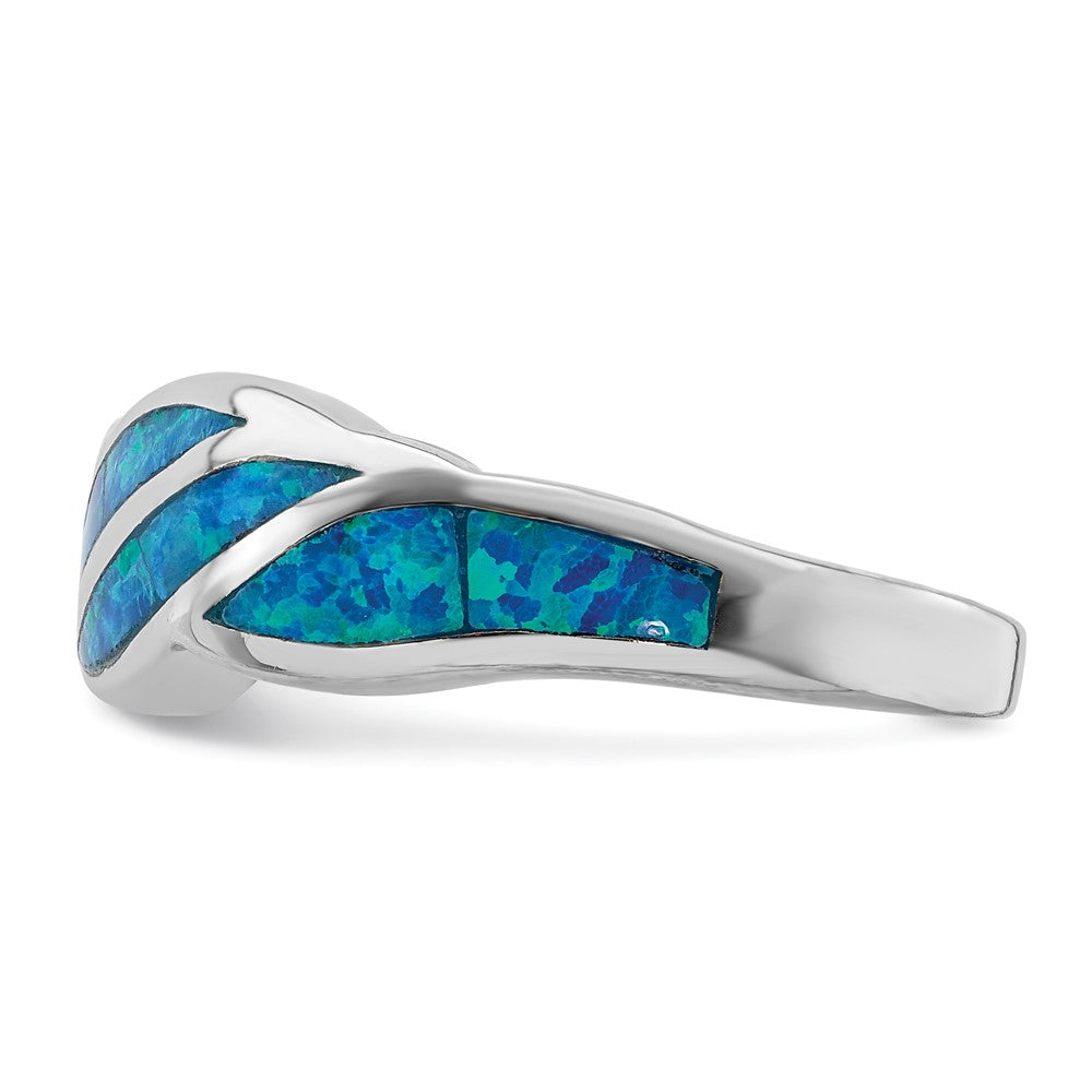 Sterling Silver Rhodium-plated Lab Created Blue Opal Inlay Ring