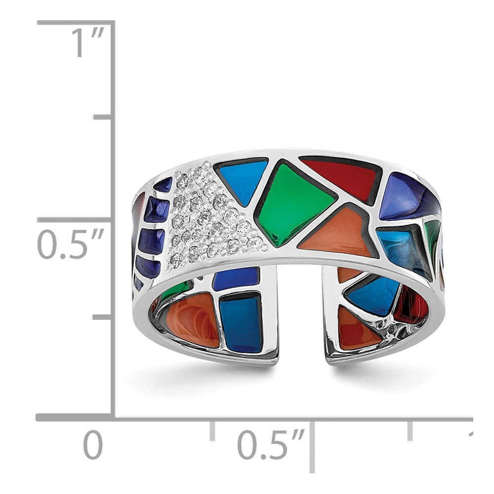 Sterling Silver Rhodium-plated Abstract Multi-color Enamel & CZ Cuff Ring