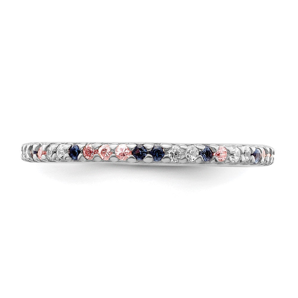 Sterling Silver Rhodium-plated with Blue, Pink & Clear CZ Ring